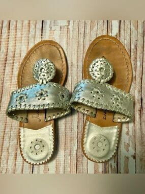 Jack Rogers Silver Leather Whipstitch Slide Sandals
